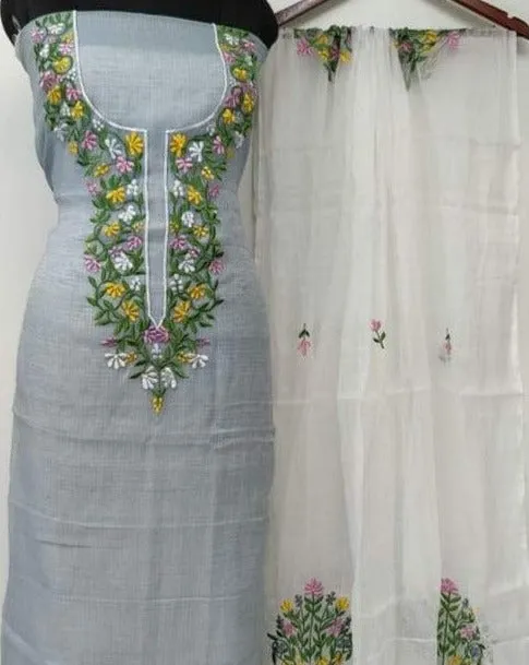 Grey And White Kota Doria Embroidered Suit