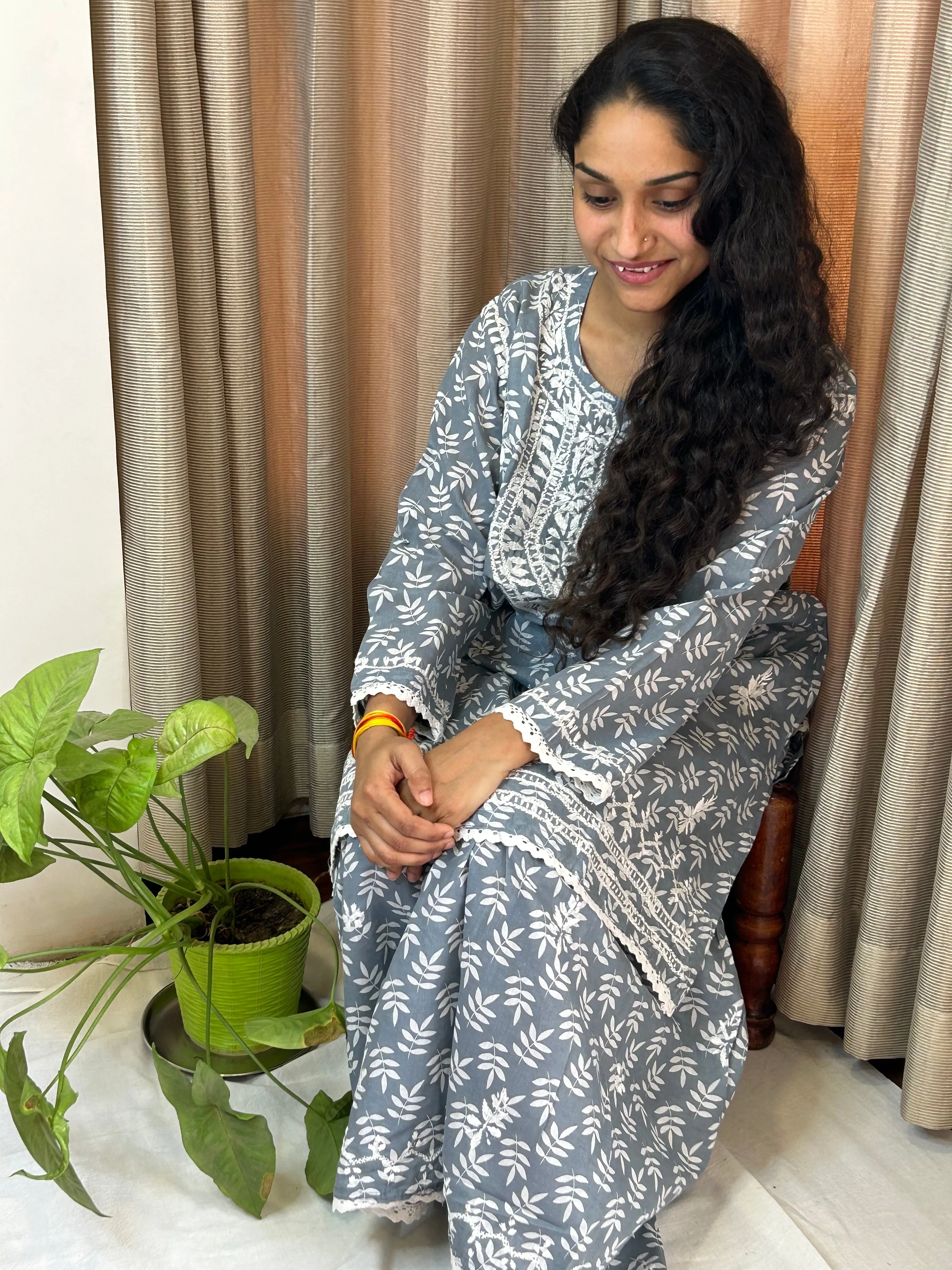 Grey Floral Lucknowi Cotton Chikankari Sharara Set
