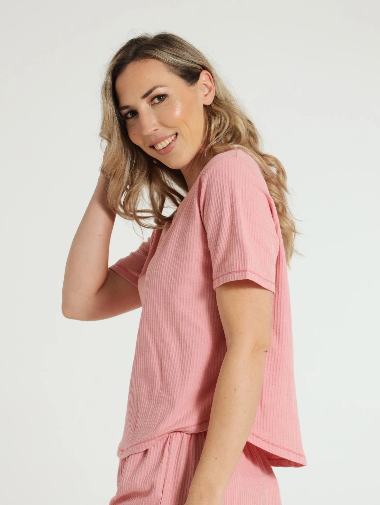 Henley Waffle Pj Top - Dusty Pink