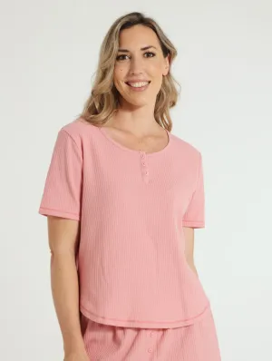 Henley Waffle Pj Top - Dusty Pink