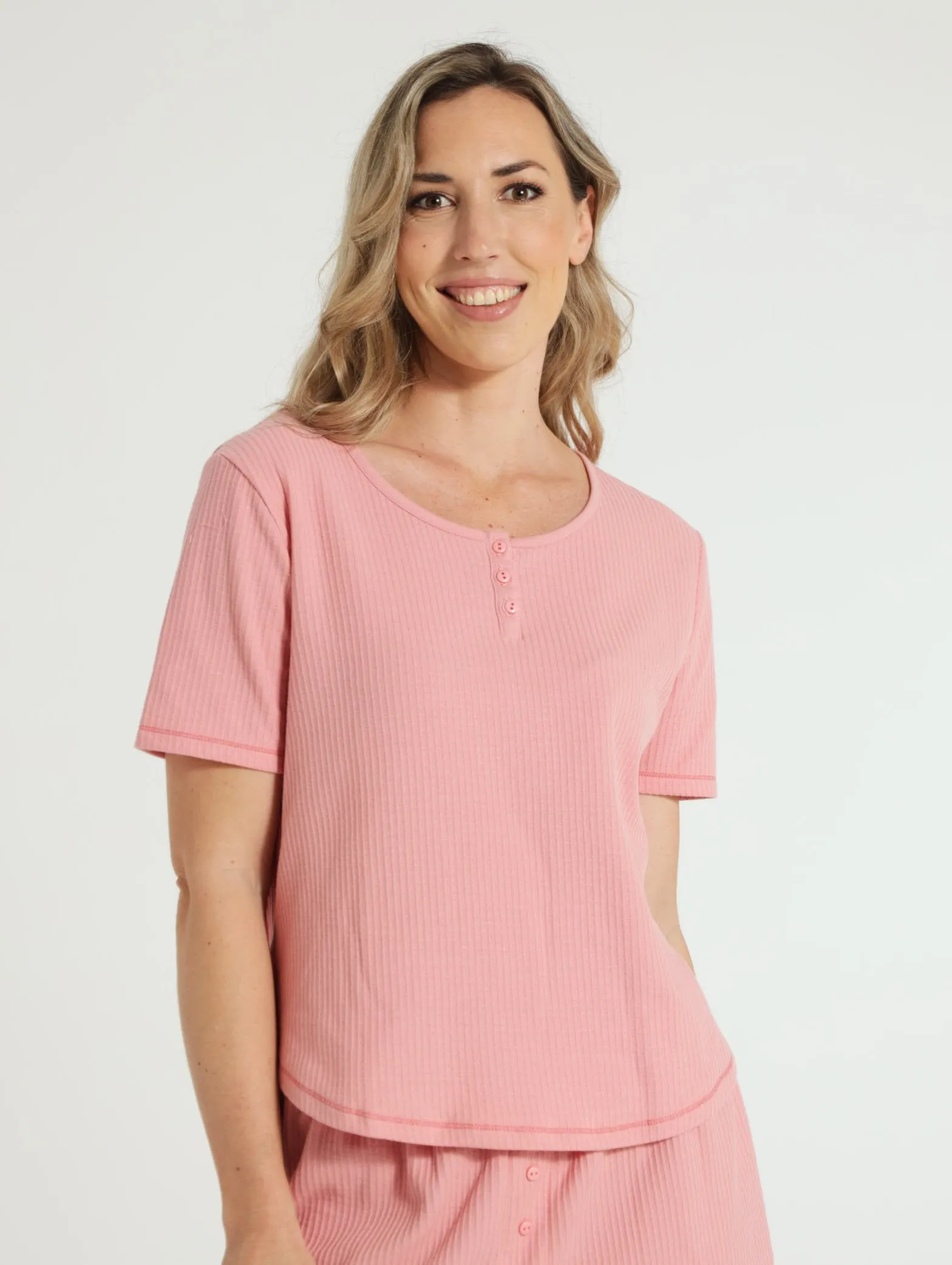 Henley Waffle Pj Top - Dusty Pink