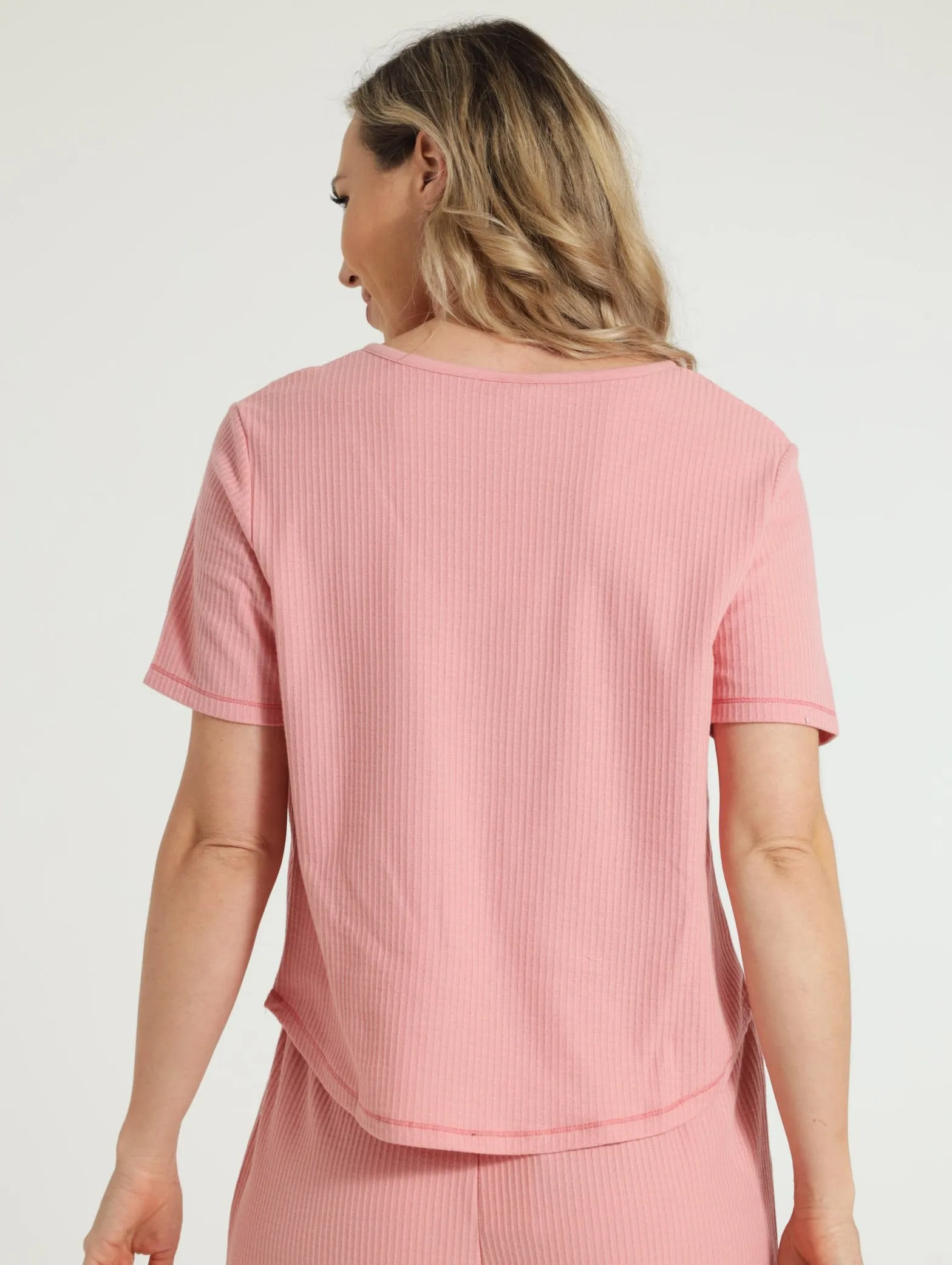 Henley Waffle Pj Top - Dusty Pink