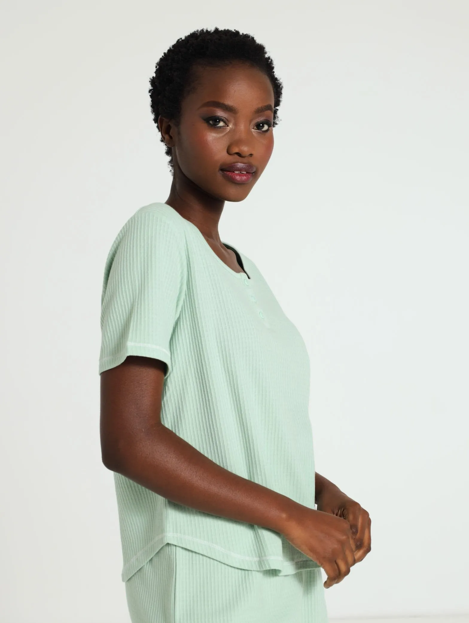 Henley Waffle Top - Aqua