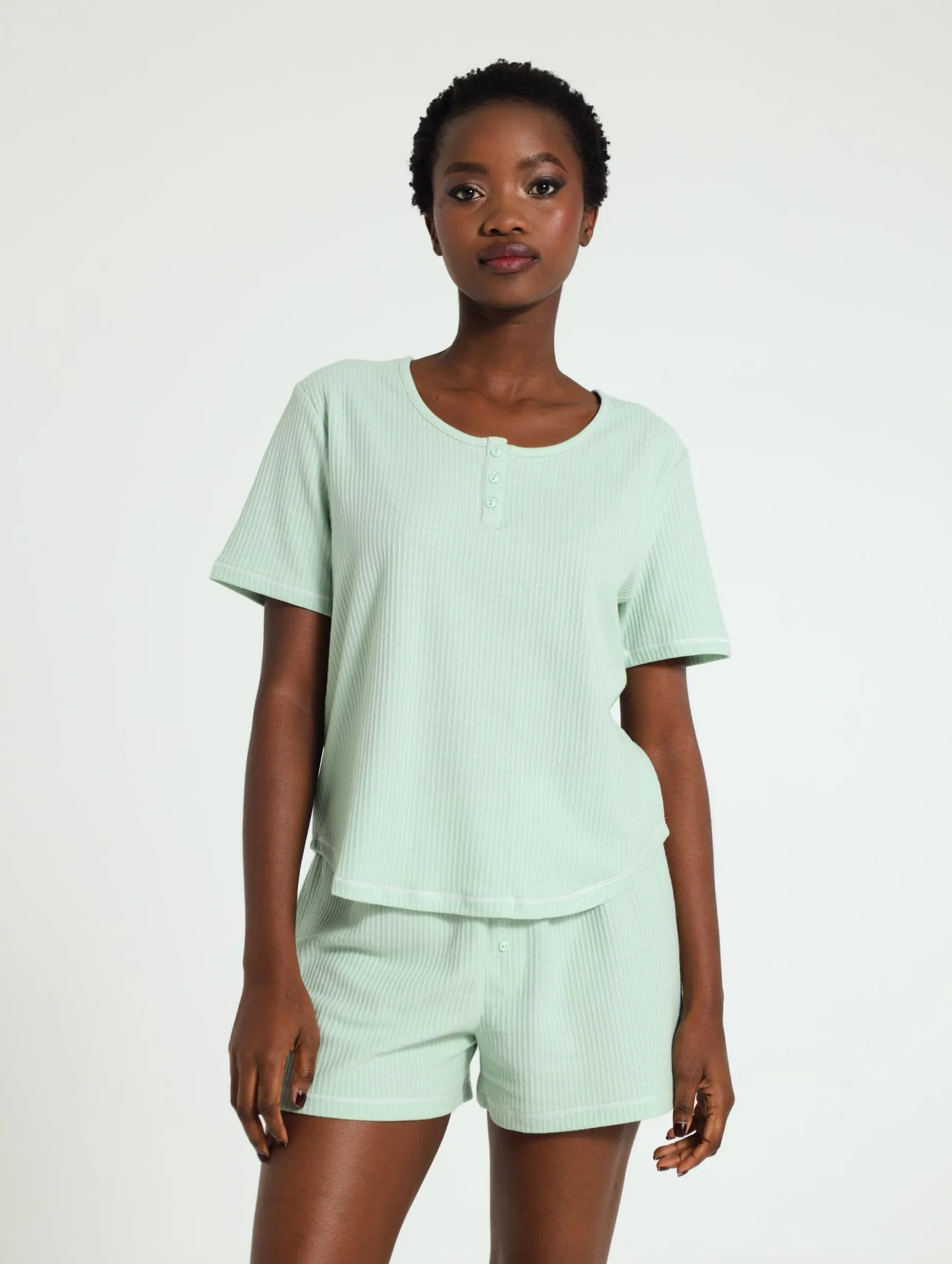 Henley Waffle Top - Aqua