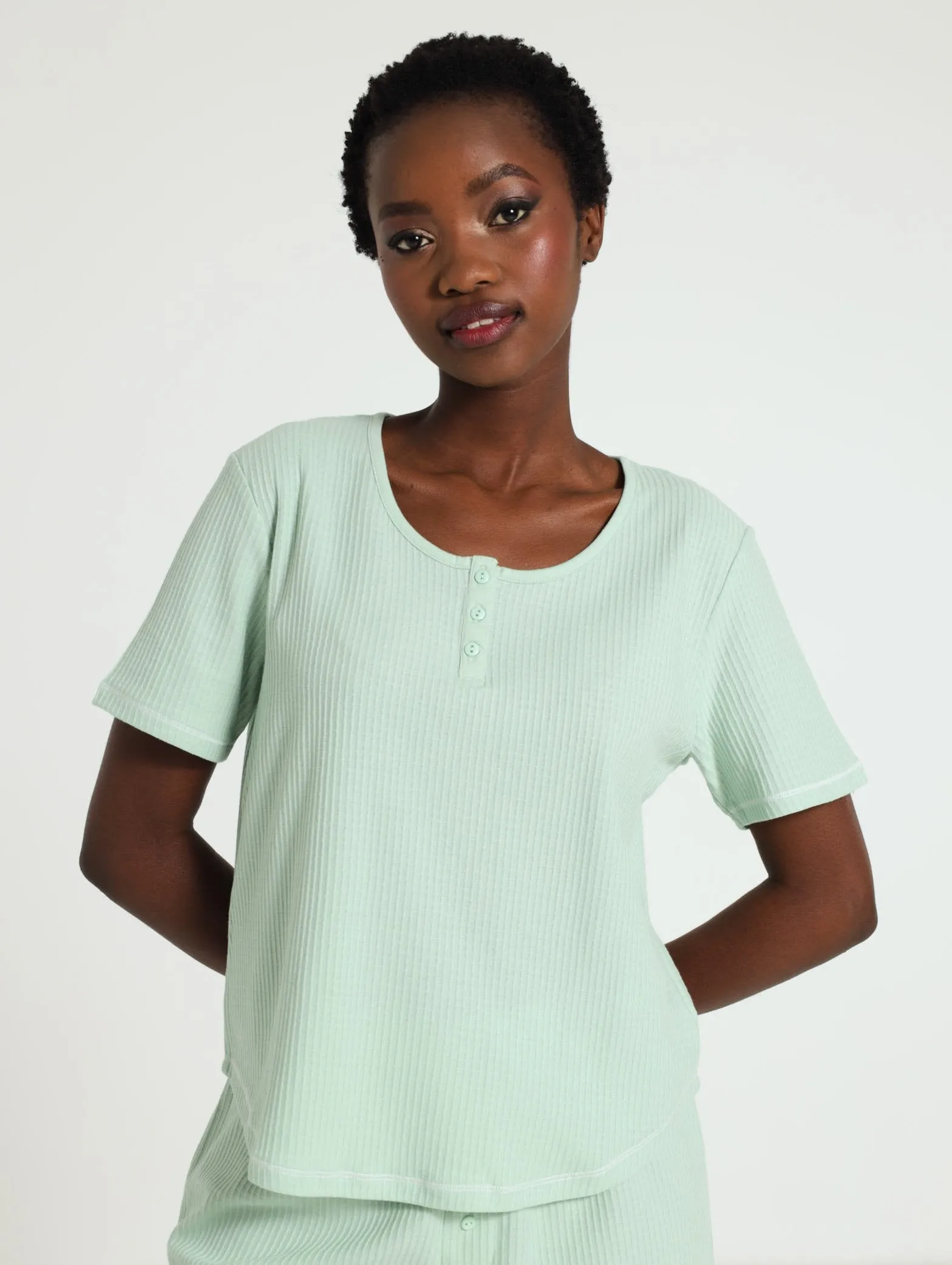 Henley Waffle Top - Aqua