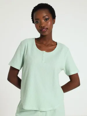 Henley Waffle Top - Aqua