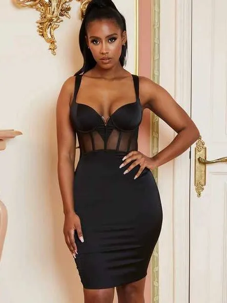 HQBORY Black Sexy Mesh Lace Bandage Dress