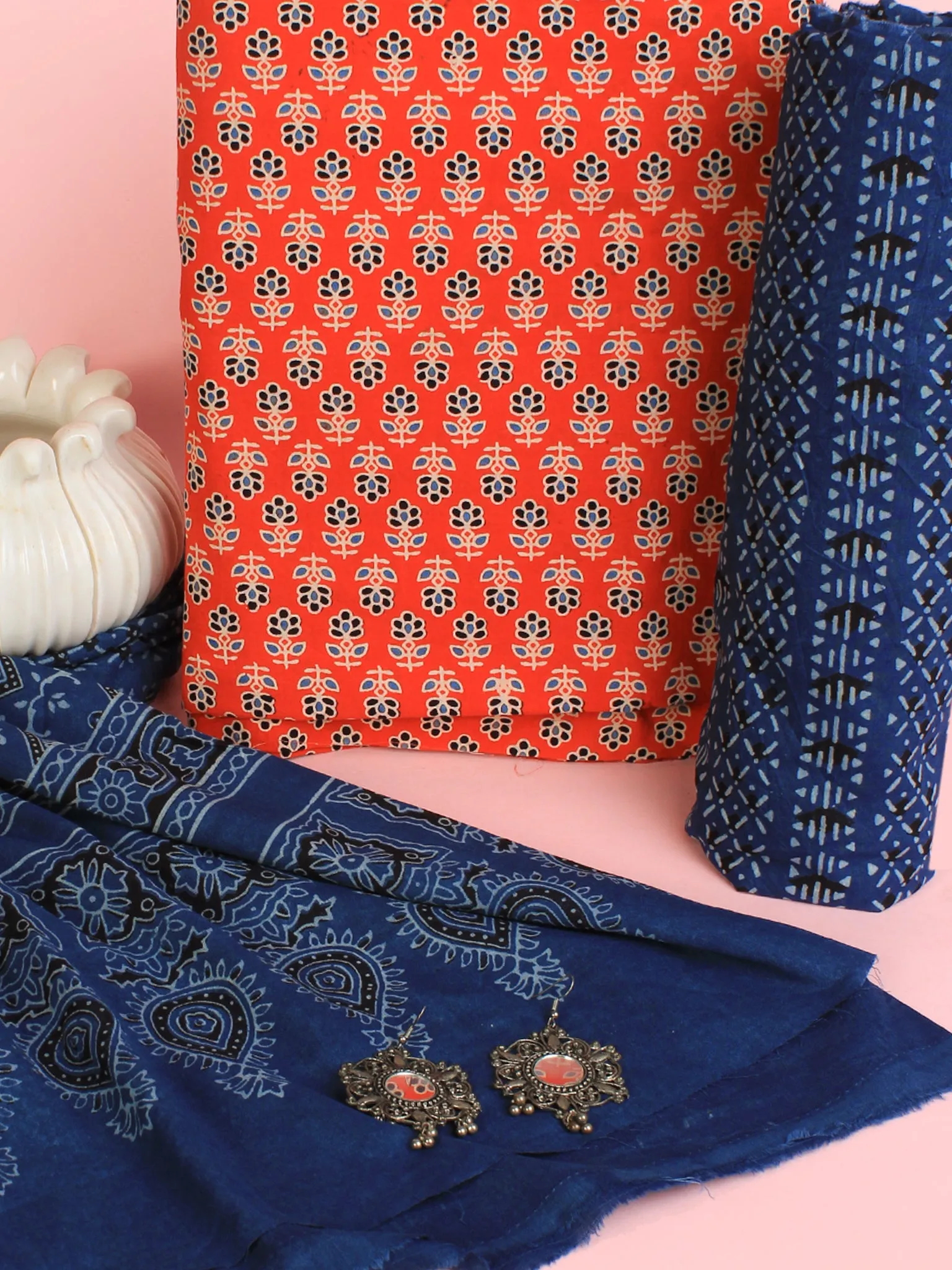 Indigo Red Black Ajrakh Hand Block Printed Suit Set (Set of 3) - SU01HB455
