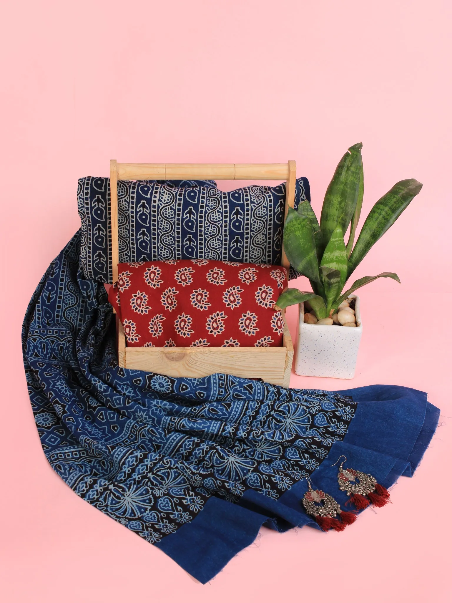 Indigo Red Ivory Ajrakh Hand Block Printed Suit Set (Set of 3) - SU01HB460