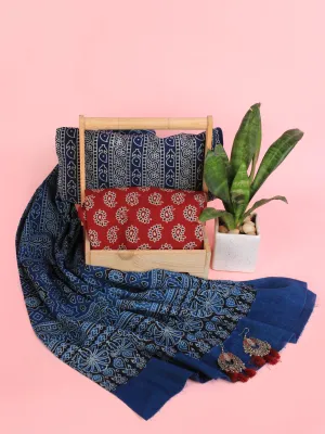 Indigo Red Ivory Ajrakh Hand Block Printed Suit Set (Set of 3) - SU01HB460