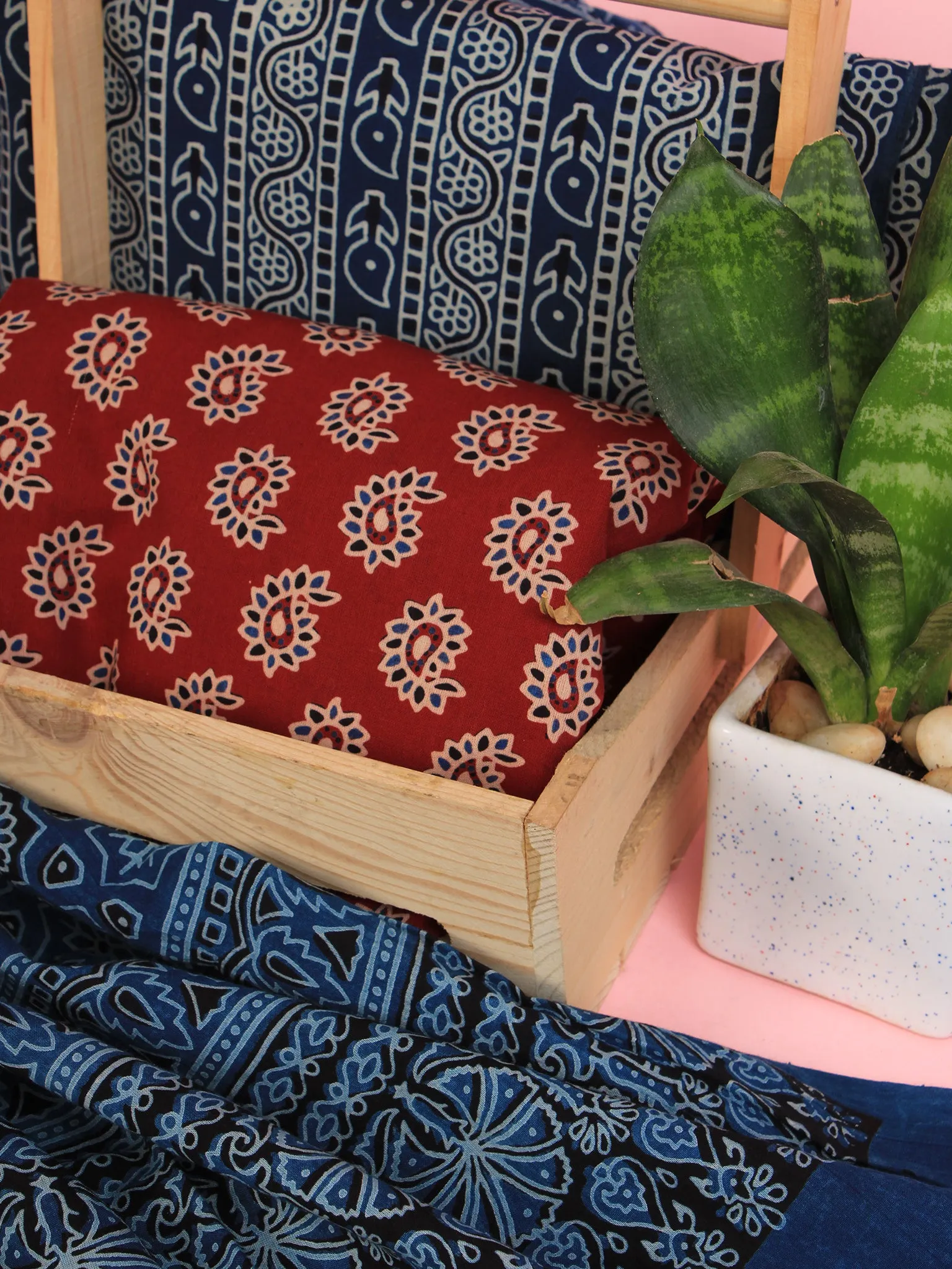 Indigo Red Ivory Ajrakh Hand Block Printed Suit Set (Set of 3) - SU01HB460