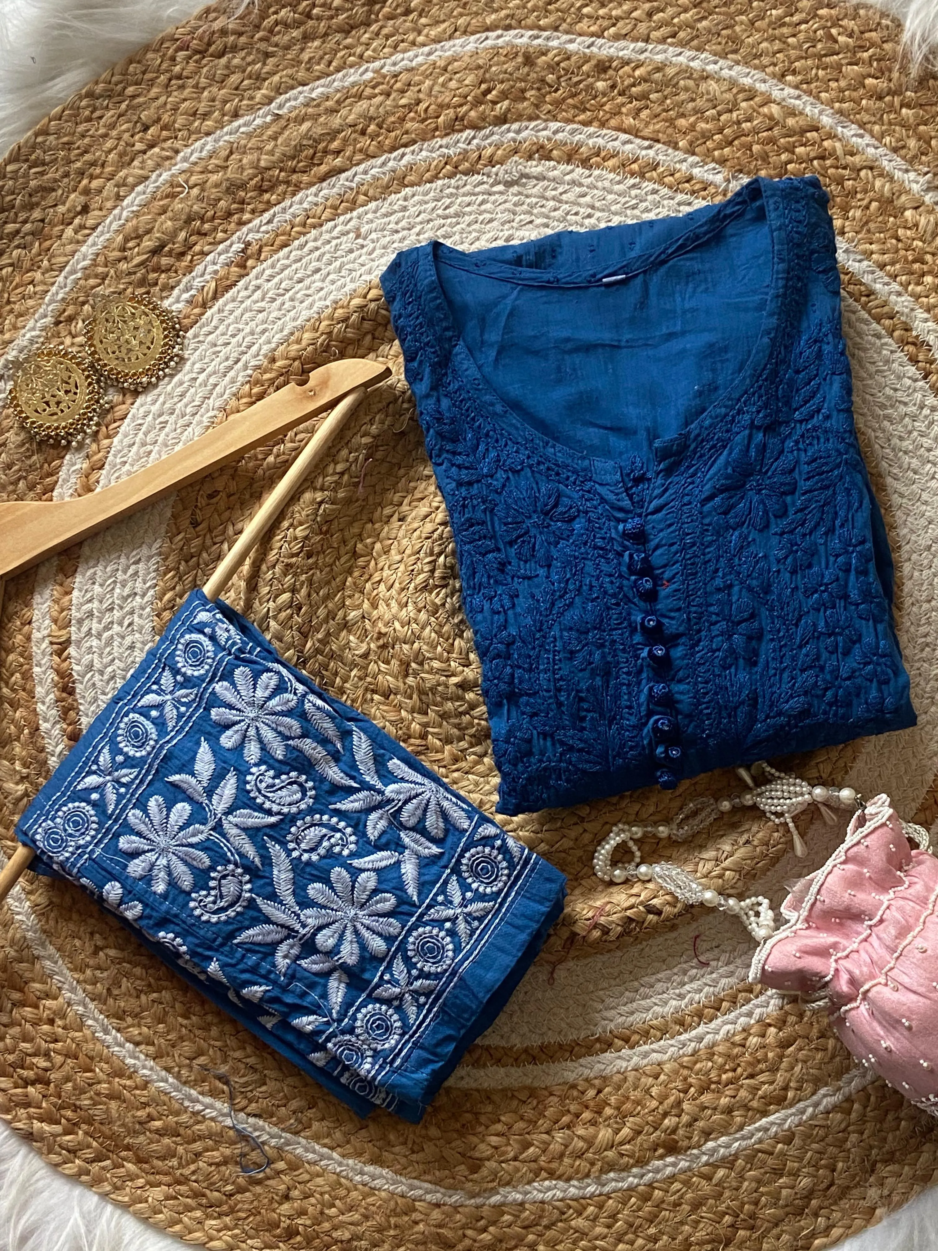 Ink Blue Chikankari cotton Kurti With Pant
