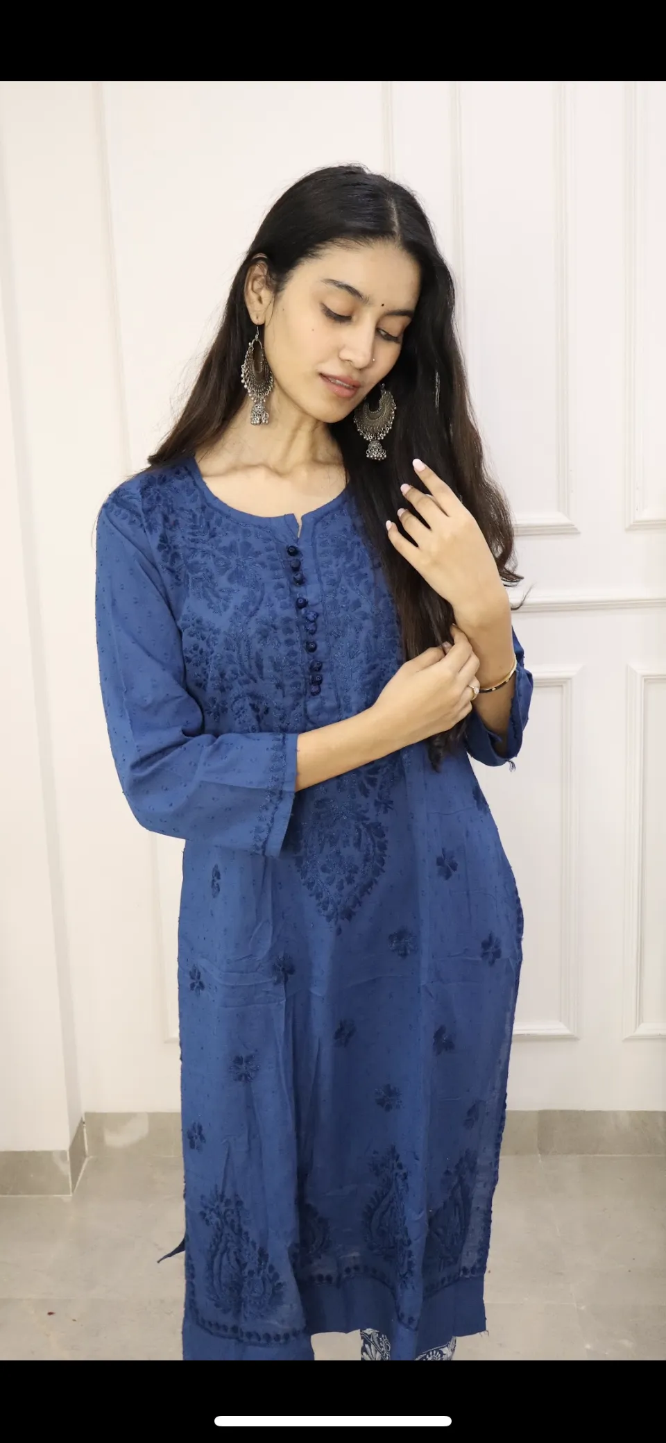 Ink Blue Chikankari cotton Kurti With Pant
