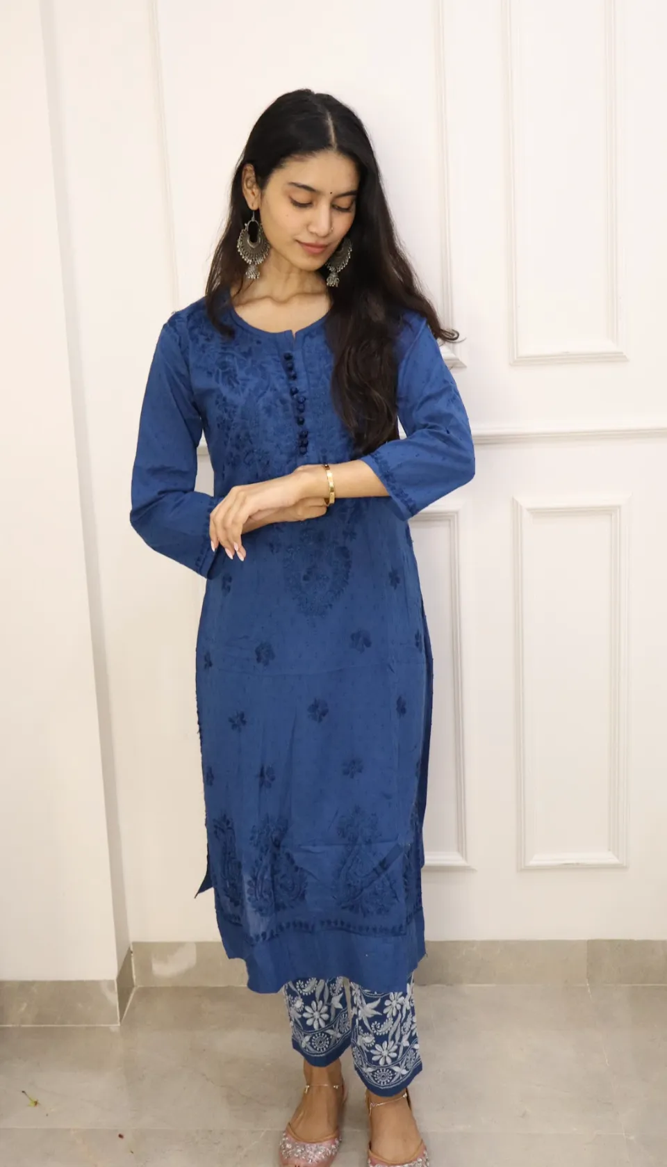 Ink Blue Chikankari cotton Kurti With Pant