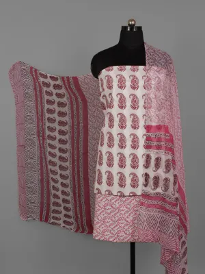 Ivory Pink Maroon Hand Block Printed Cotton Suit-Salwar Fabric With Chiffon Dupatta (Set of 3) - S16281290