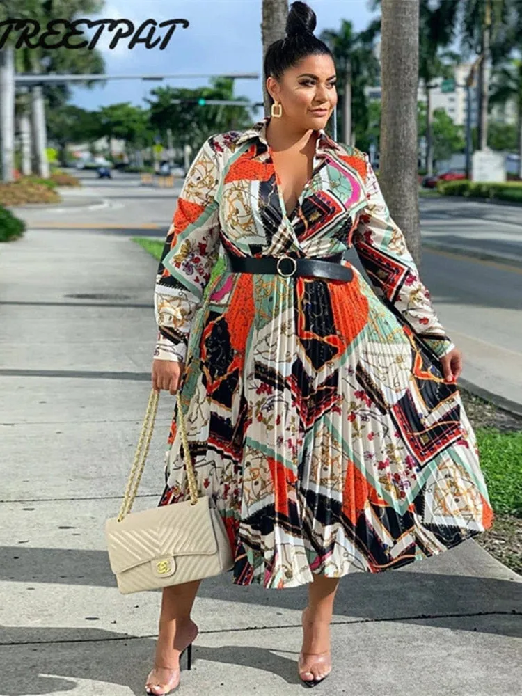 JazzHer Plus Size African Clothes Women Summer Maxi Dress Vintage Belt Print Long Sleeve Dresses Boubou Oversize Femme Vestidos