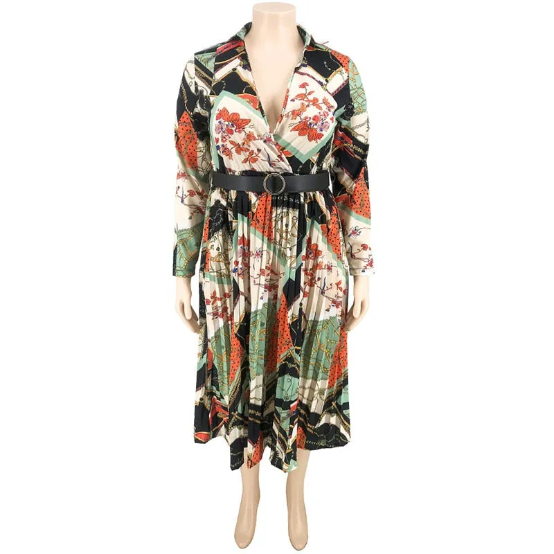 JazzHer Plus Size African Clothes Women Summer Maxi Dress Vintage Belt Print Long Sleeve Dresses Boubou Oversize Femme Vestidos