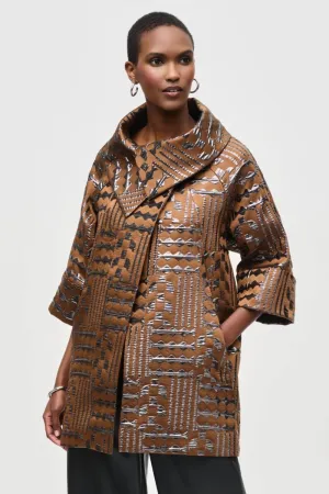 Joseph Ribkoff Brown/Gunmetal Geometric Jacquard Cocoon Coat Jacket 243280