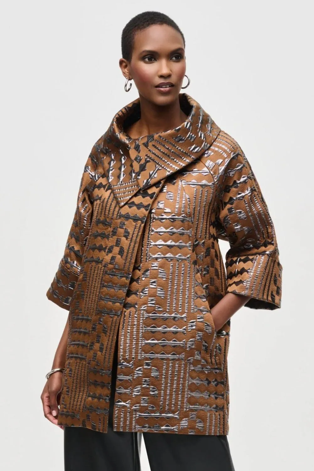 Joseph Ribkoff Brown/Gunmetal Geometric Jacquard Cocoon Coat Jacket 243280