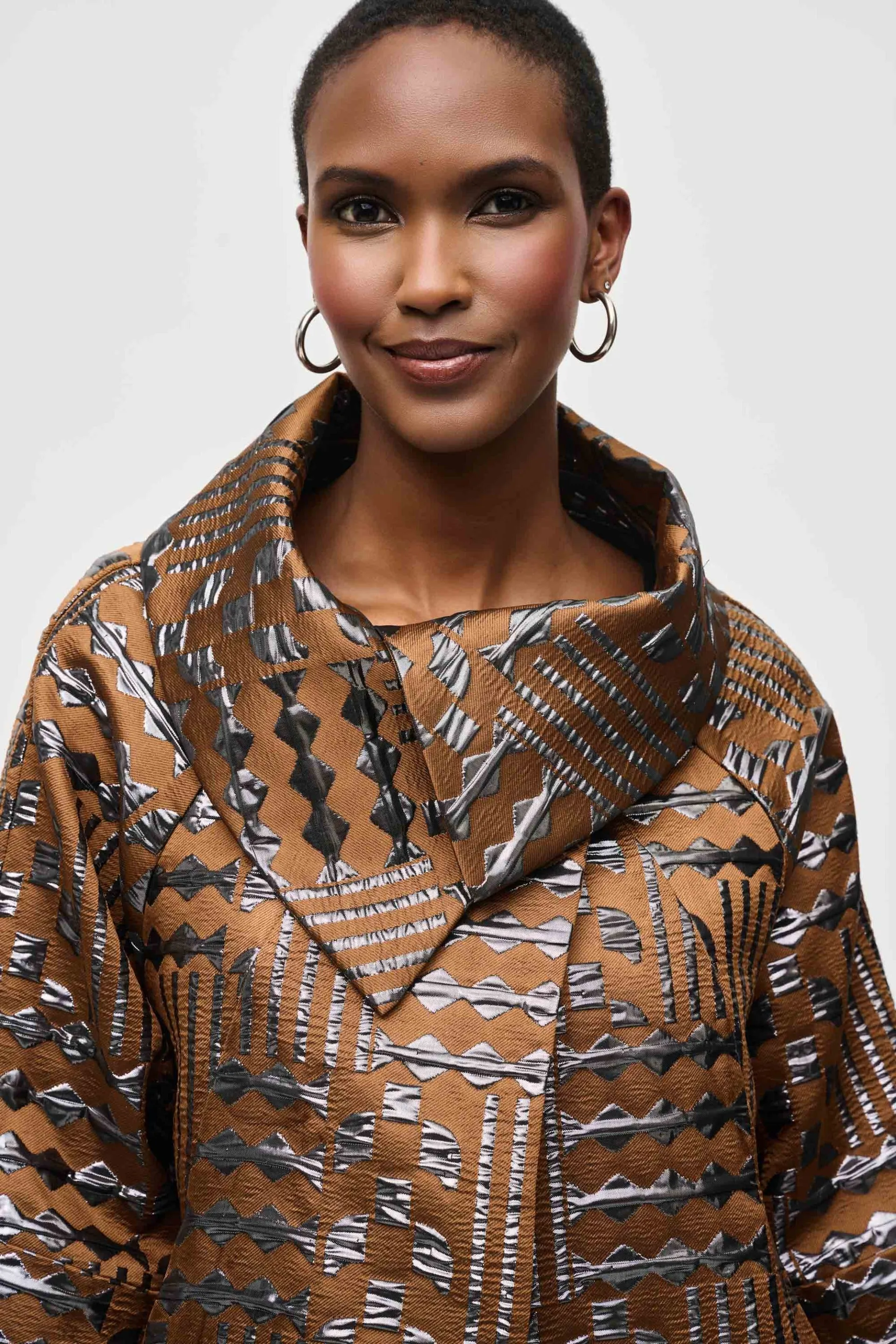 Joseph Ribkoff Brown/Gunmetal Geometric Print Cocoon Coat Style 243280