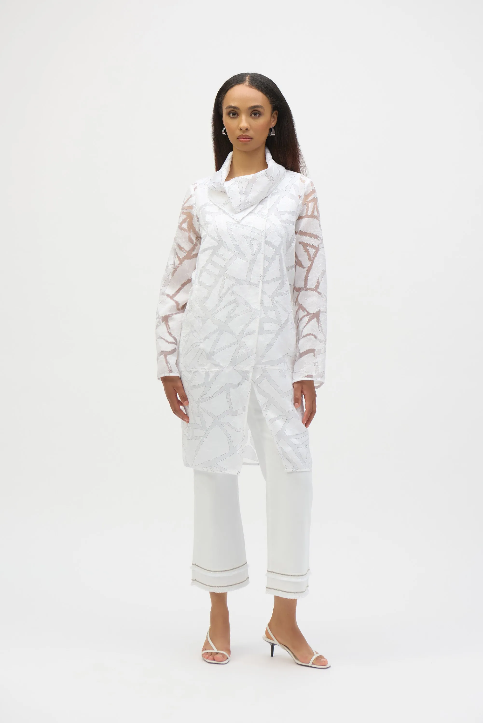 Joseph Ribkoff White/Black Organza Abstract Print Cocoon Coat Style 252036