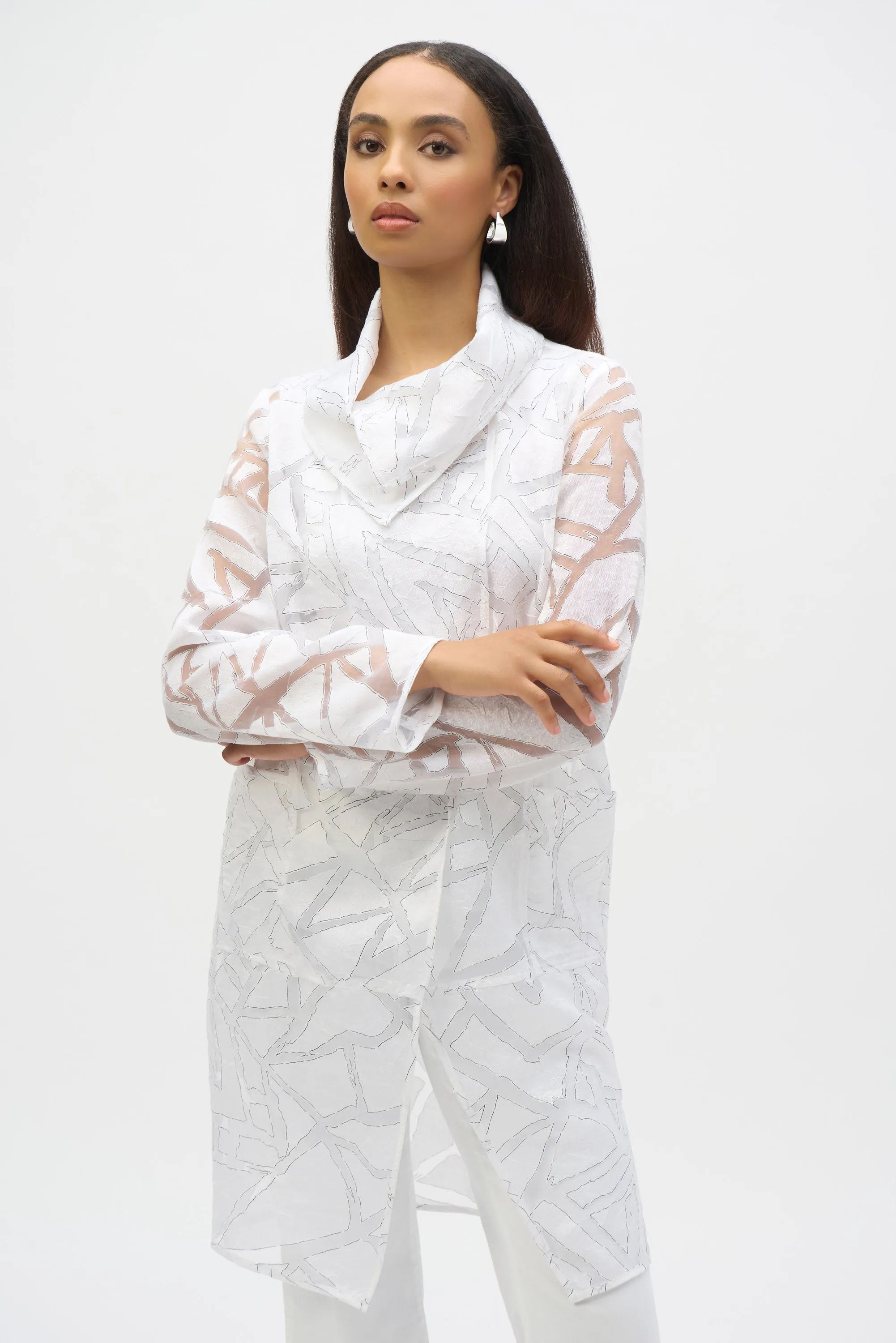 Joseph Ribkoff White/Black Organza Abstract Print Cocoon Coat Style 252036