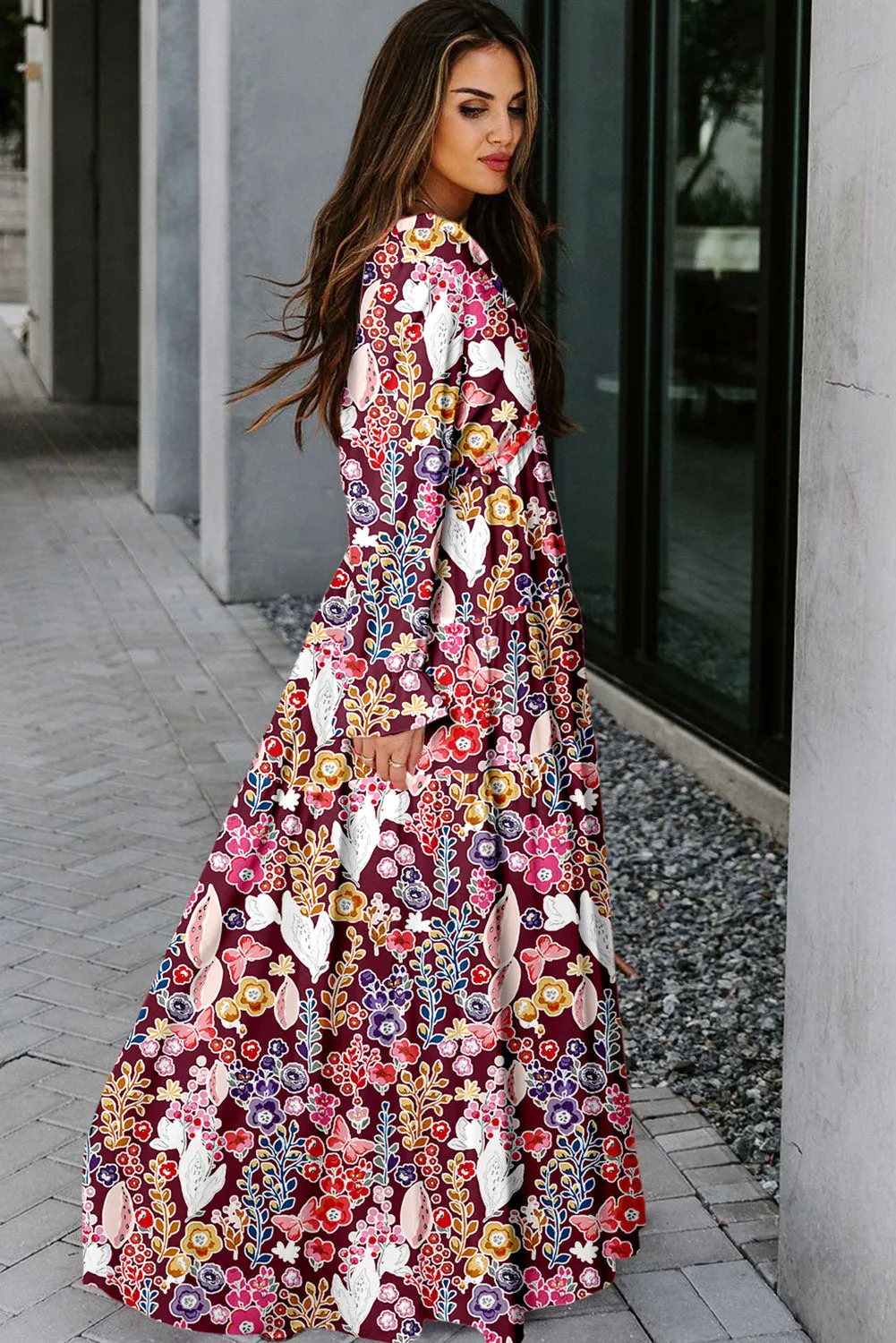 KaleaBoutique V Neck Floral Print Empire Waist Maxi Dress