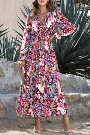 KaleaBoutique V Neck Floral Print Empire Waist Maxi Dress