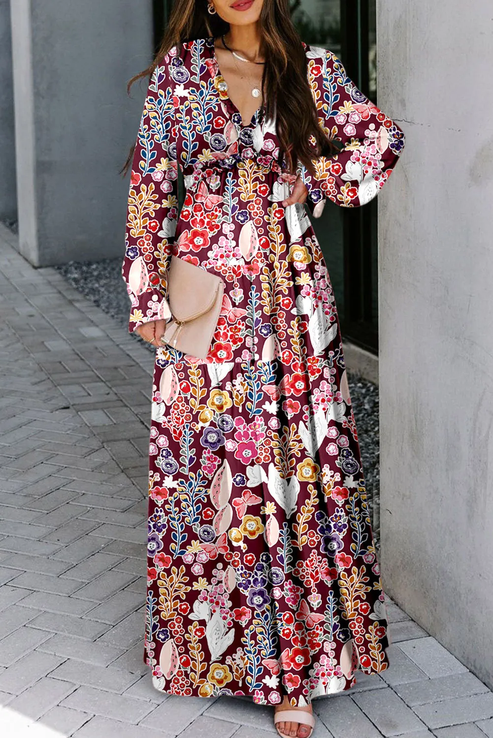 KaleaBoutique V Neck Floral Print Empire Waist Maxi Dress