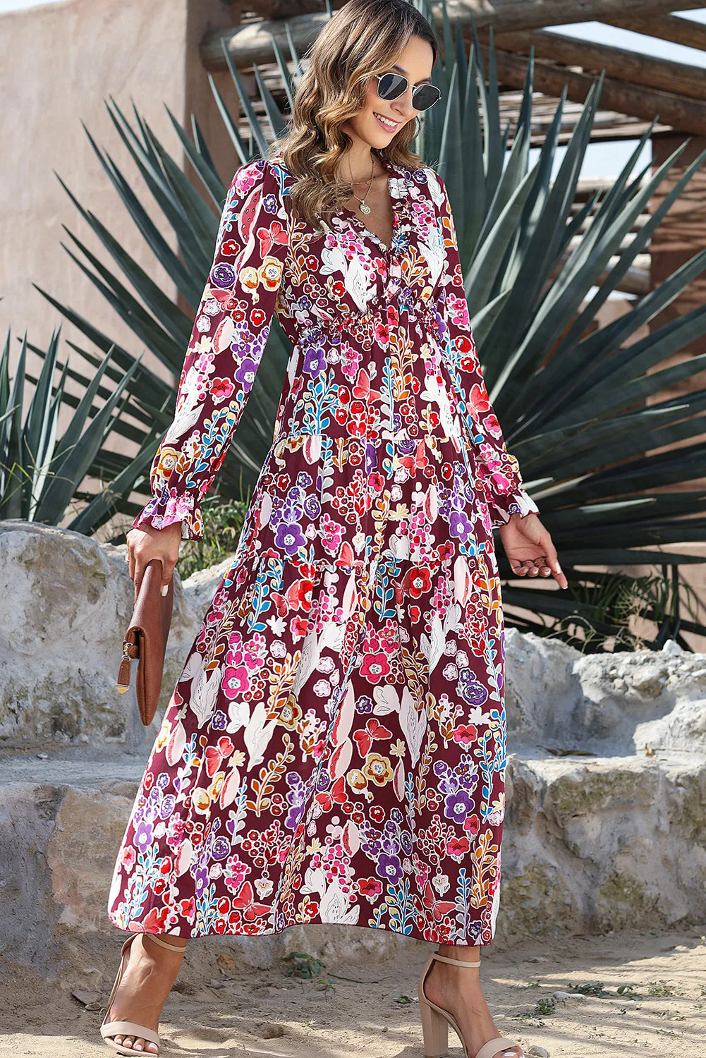 KaleaBoutique V Neck Floral Print Empire Waist Maxi Dress