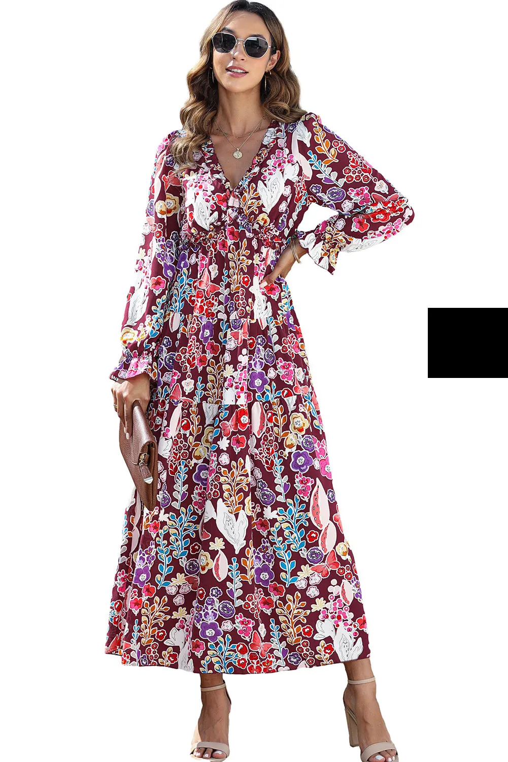 KaleaBoutique V Neck Floral Print Empire Waist Maxi Dress