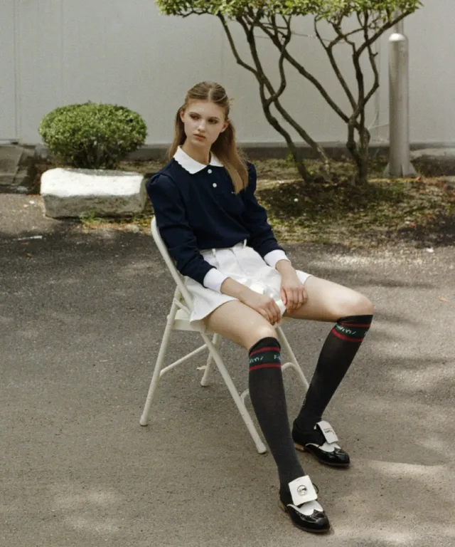 KANDINI Polo shirts with Puff sleeves- Navy