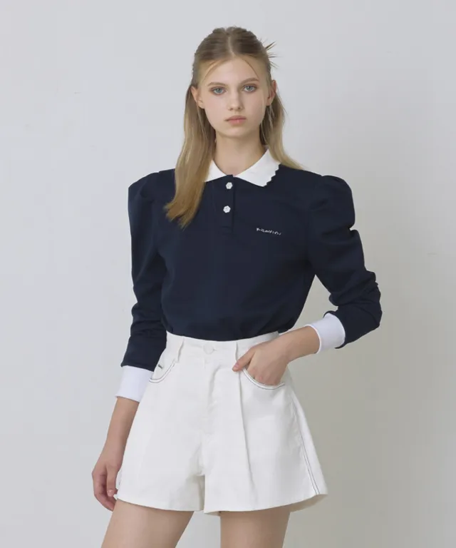 KANDINI Polo shirts with Puff sleeves- Navy