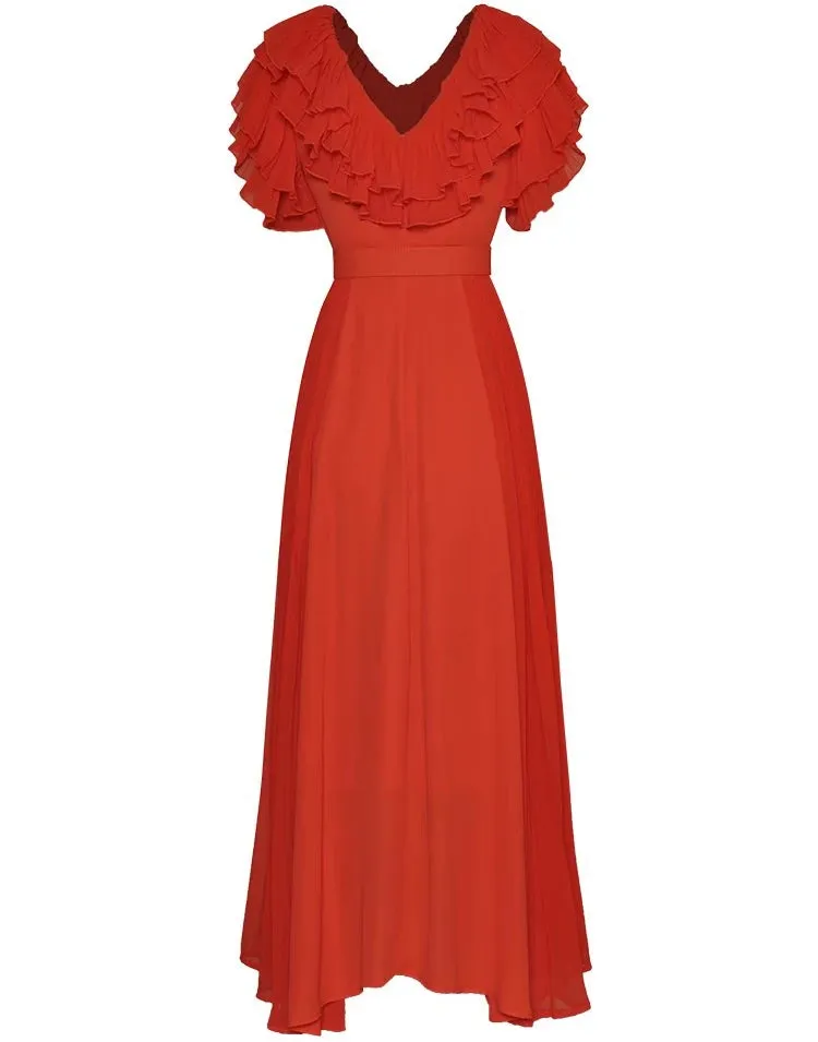 Kaydence V-Neck Fashion Short Sleeve Lace-UP Flounced Edge Solid Color Dress