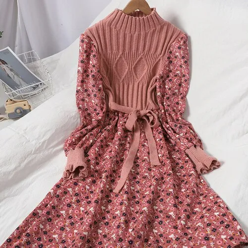 Knitted Floral Corduroy Maxi Dress