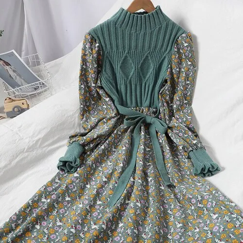Knitted Floral Corduroy Maxi Dress