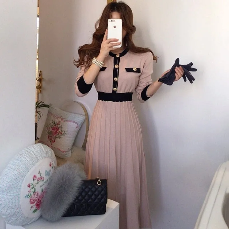 Korean Elegant Knitted A-line High Waist Pleated Pink Dress