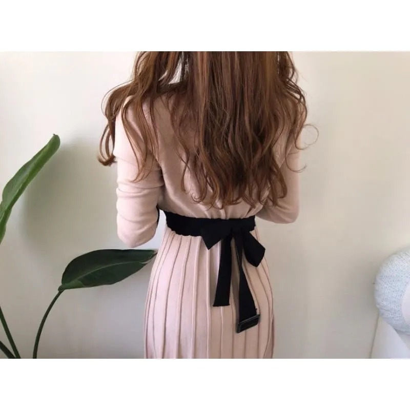 Korean Elegant Knitted A-line High Waist Pleated Pink Dress