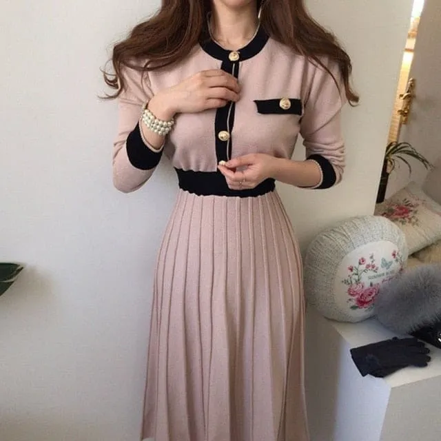 Korean Elegant Knitted A-line High Waist Pleated Pink Dress