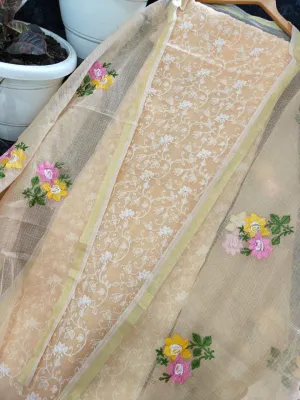 Kota Doria Embroidered Suit Set In Cream