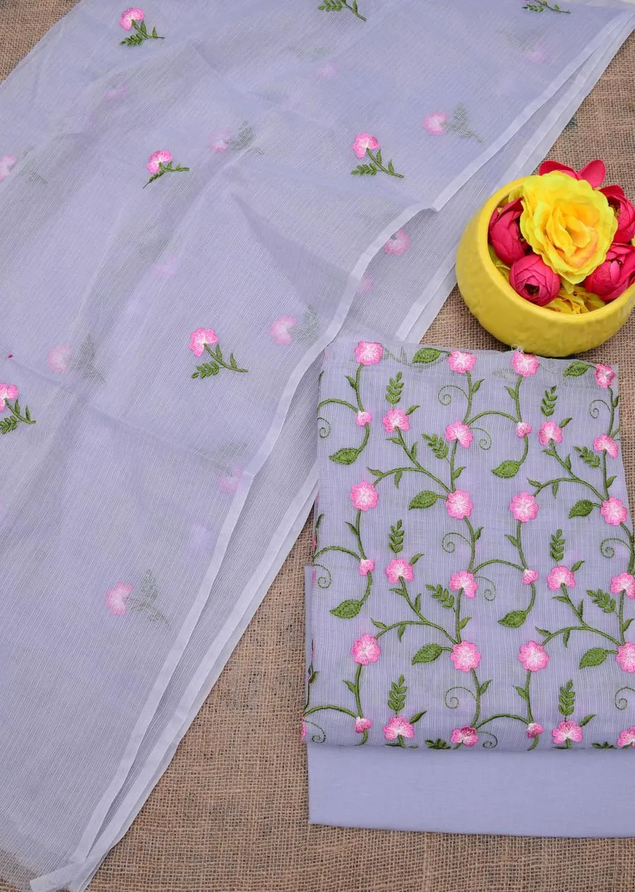 Kota Doria Embroidered Suit Set In Lavender