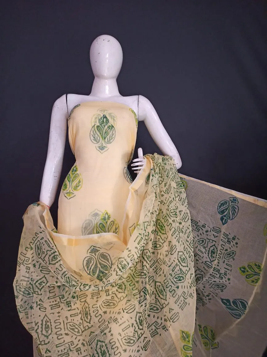 Kota Doria Hand Block Print Suit In Cream