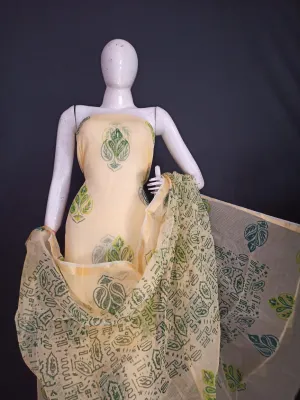 Kota Doria Hand Block Print Suit In Cream