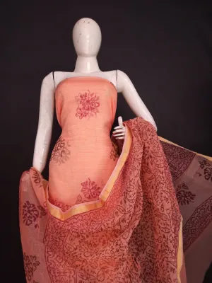 Kota Doria Hand Block Print Suit In Peach