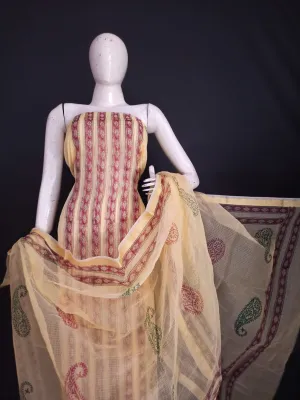 Kota Doria Hand Block Print Suit  In Yellow