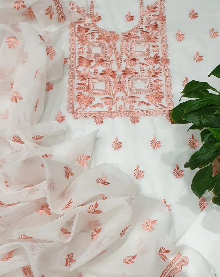 Kota Doriya Embroidery Work Suit In Peach
