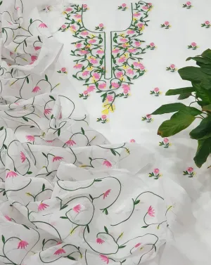 Kota Doriya Embroidery Work Suit In White and green