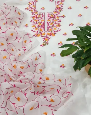 Kota Doriya Embroidery Work Suit In White and Red