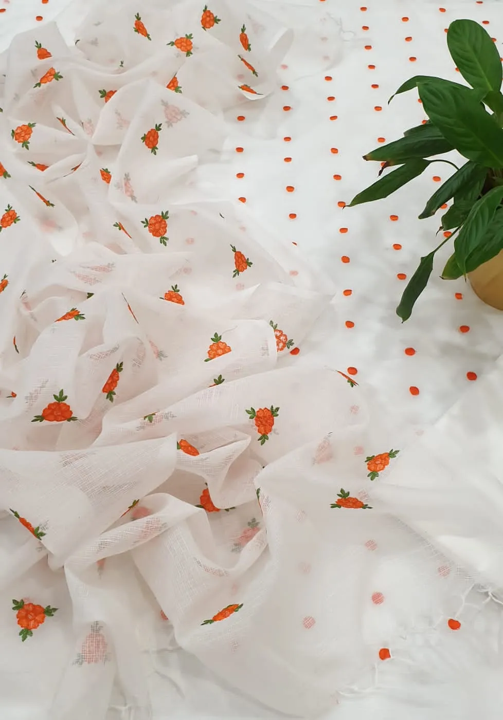 Kota Doriya Embroidery Work Suit In white Colour with orange dotted touch