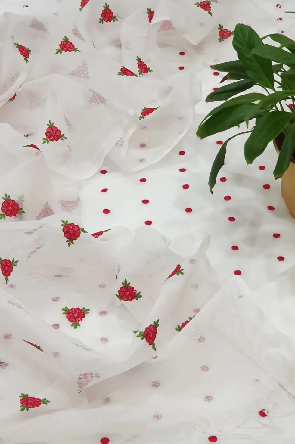 Kota Doriya Embroidery Work Suit In white Colour with red dotted touch